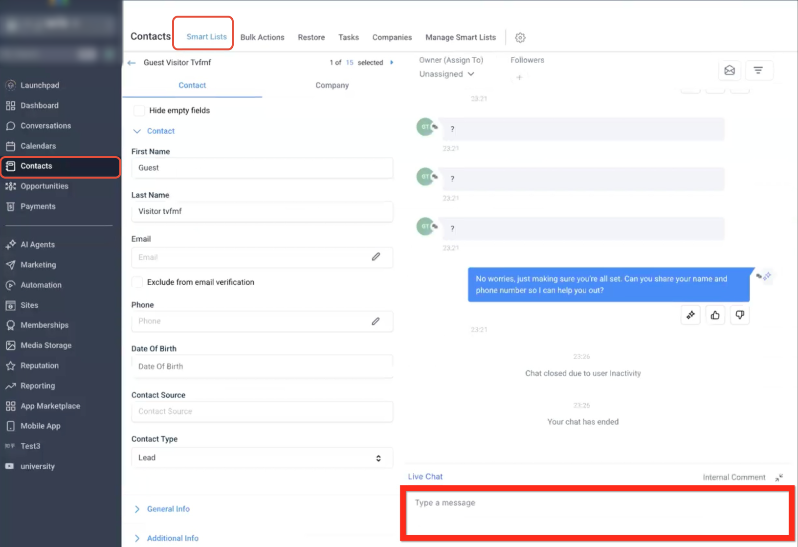 Conversation showing manual user input