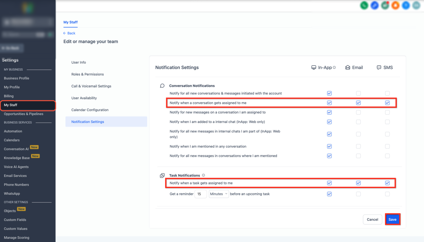 Assigned conversation and task notification options