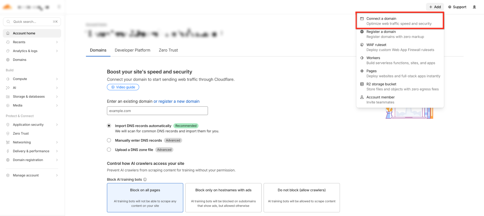 Cloudflare dashboard showing the Connect a domain option under Add
