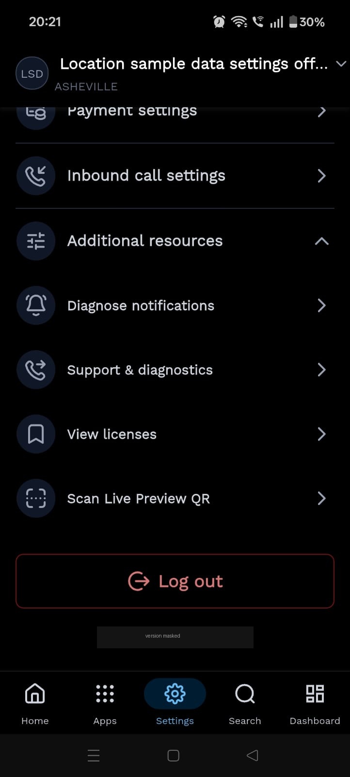 Settings screen on the phone with Scan Live Preview QR