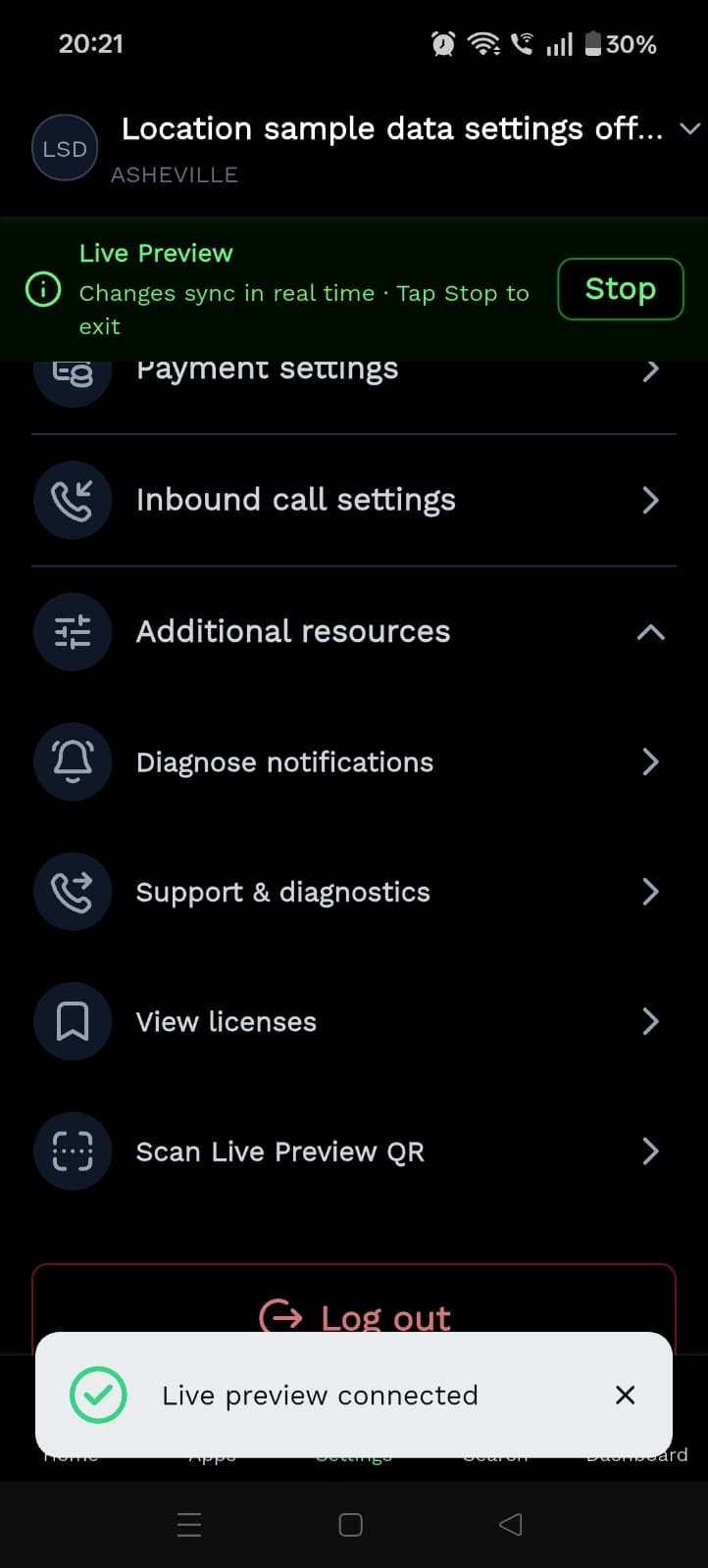 Phone showing Live preview connected and the Stop banner