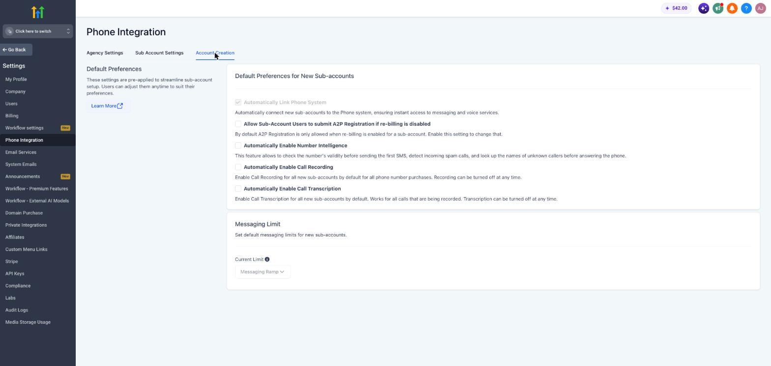 Account Creation tab showing the Automatically Link Phone System setting