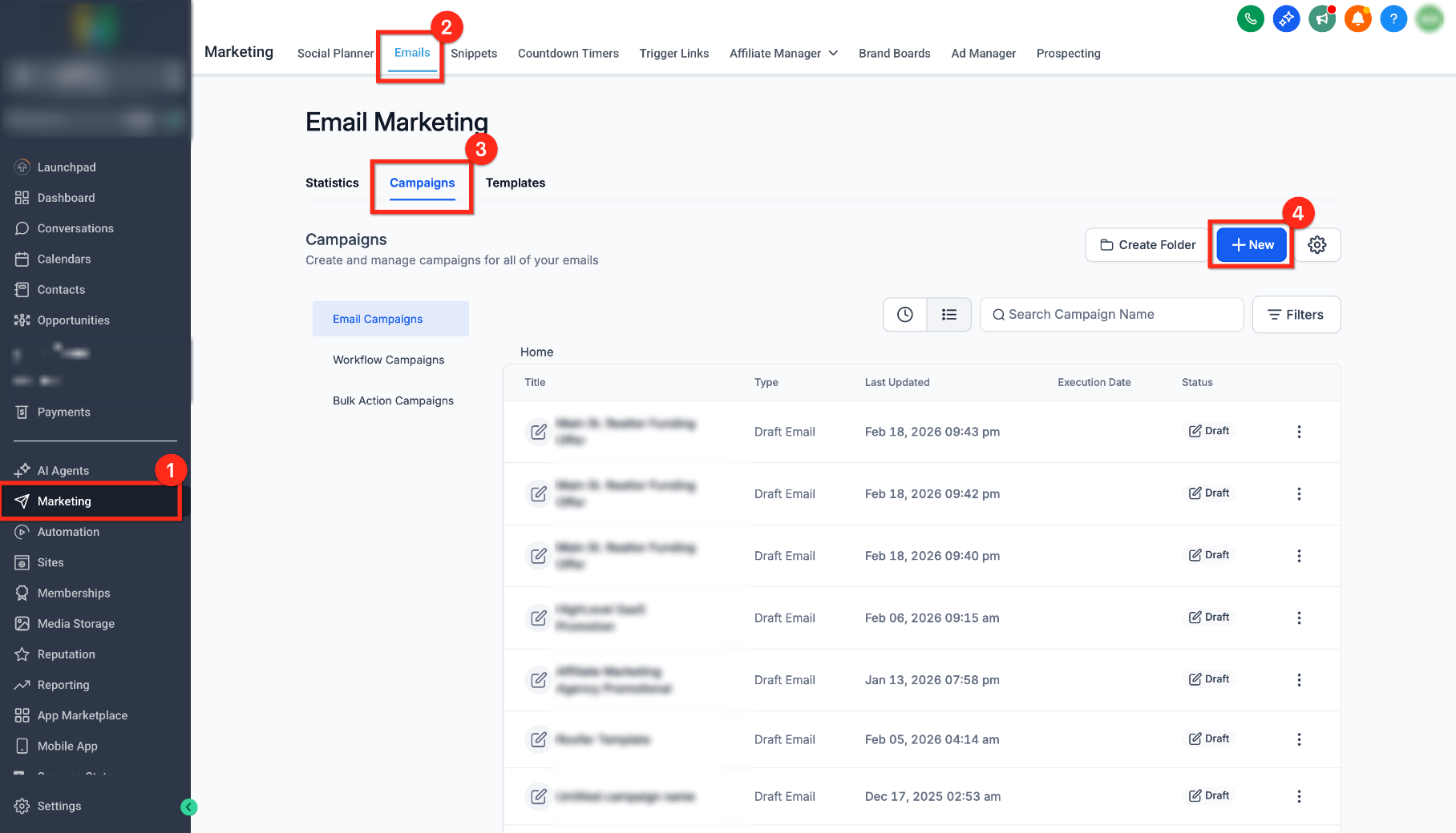 HighLevel email campaigns page showing the option to create a campaign