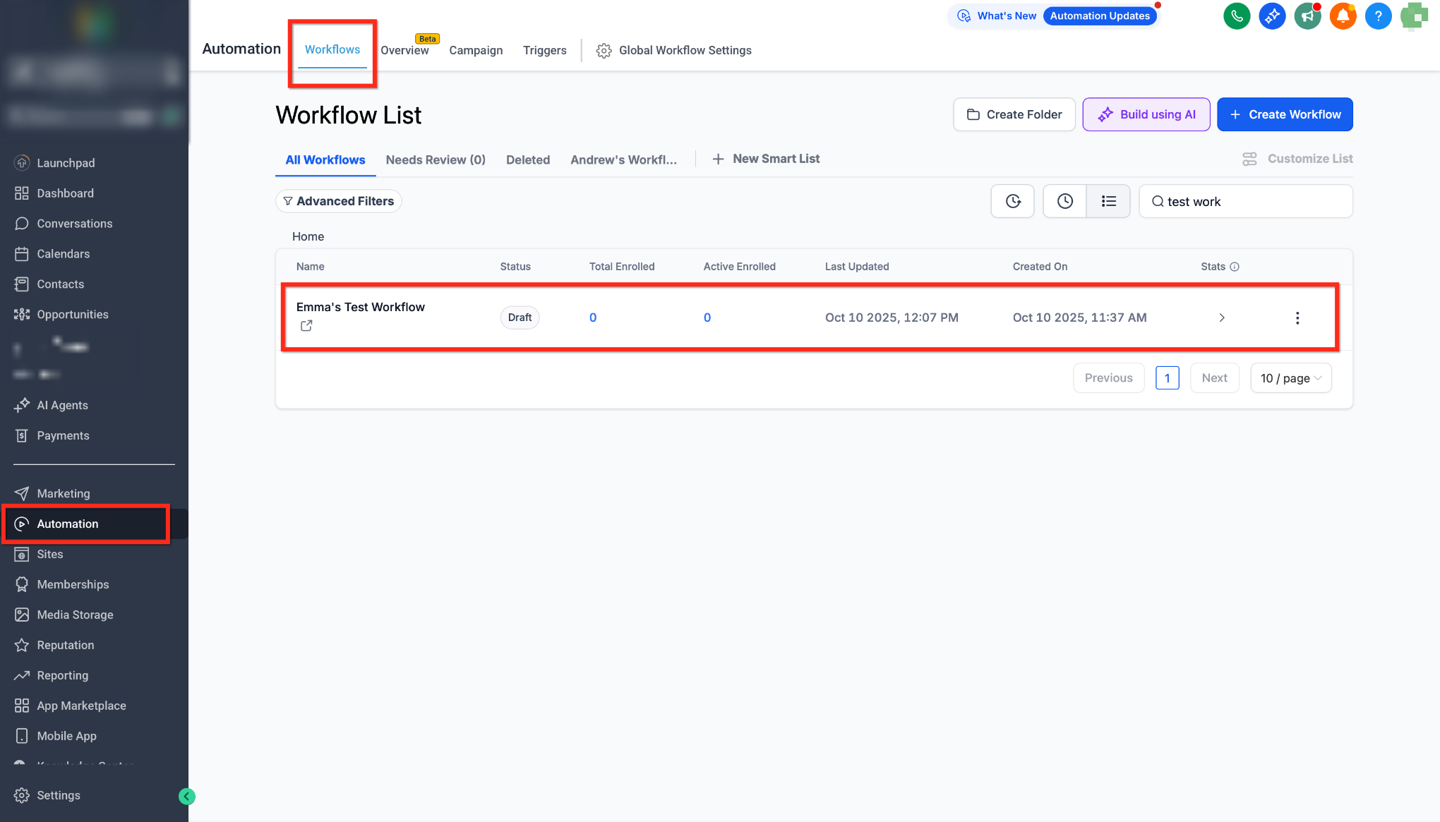 HighLevel Workflows page showing workflow creation or selection