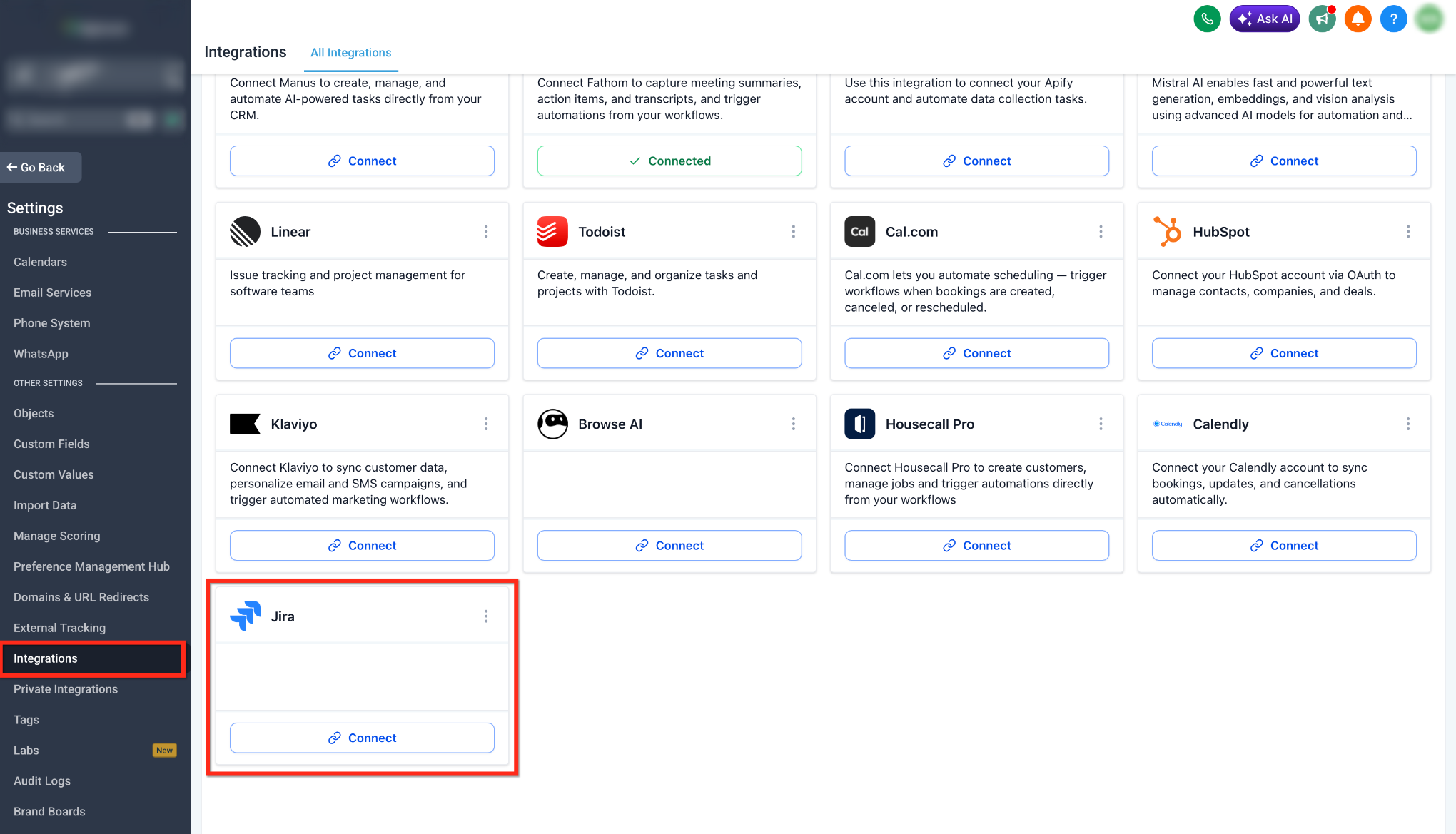 HighLevel Integrations screen showing the Jira connection option