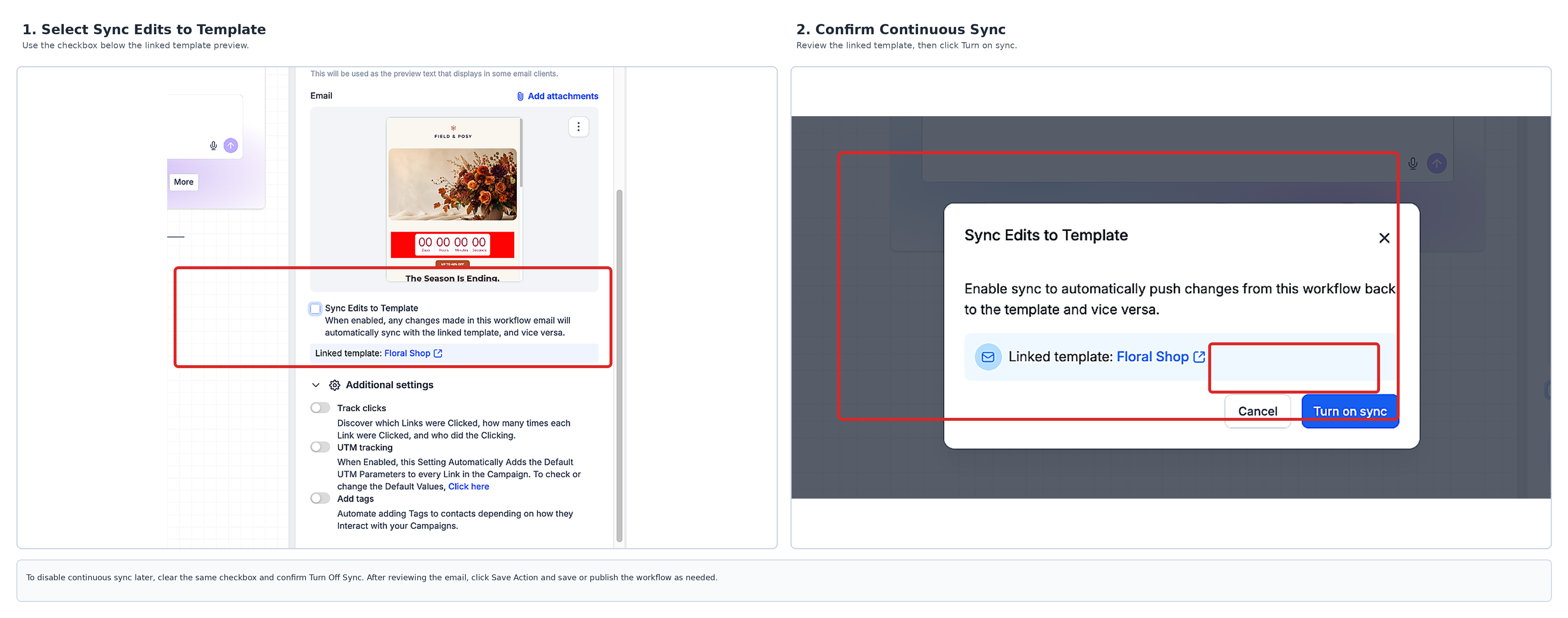 Sync Edits to Template setting in the HighLevel Send Email workflow action
