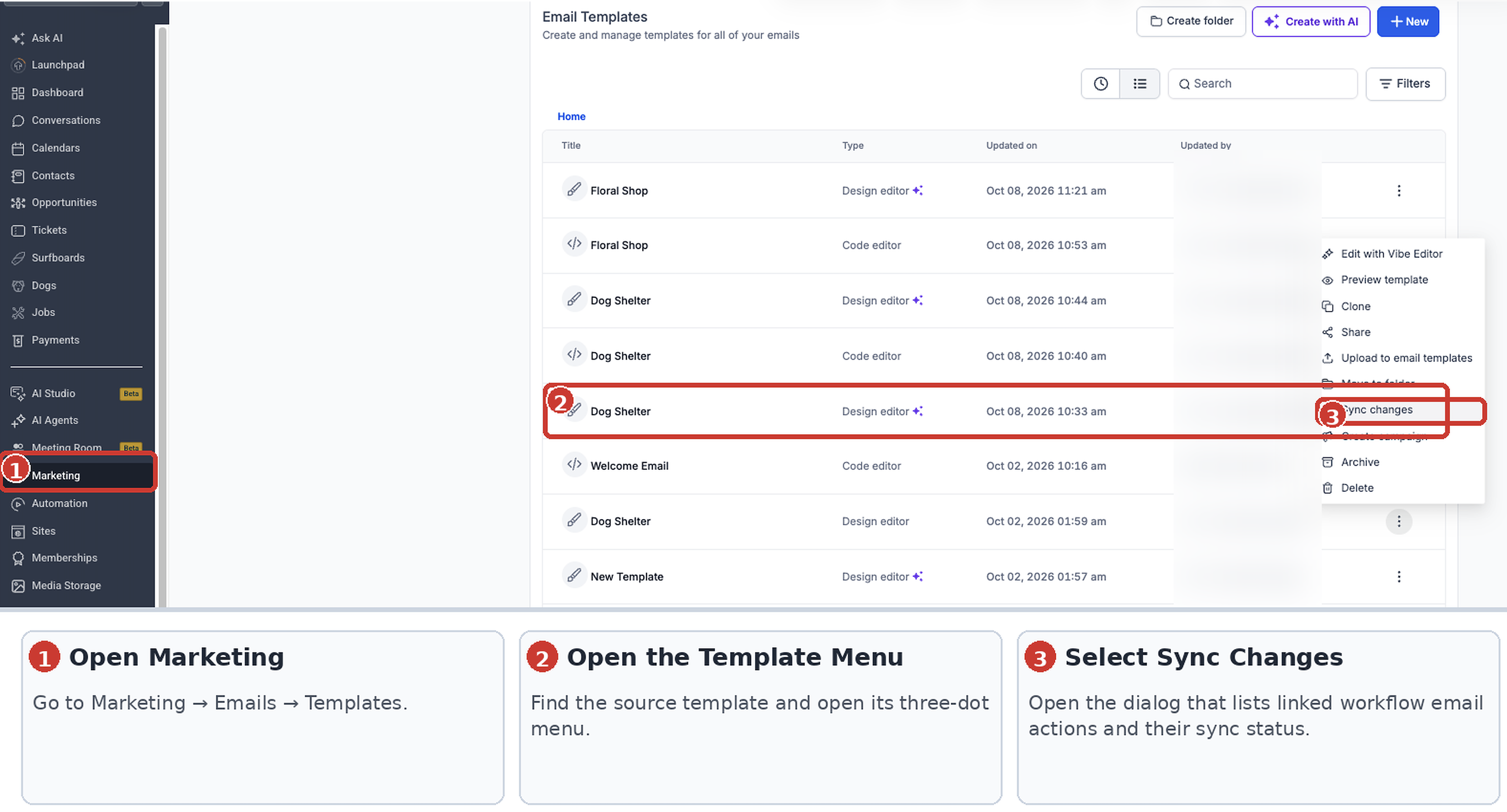 Sync Changes dialog showing linked workflow email actions and the Sync Once option