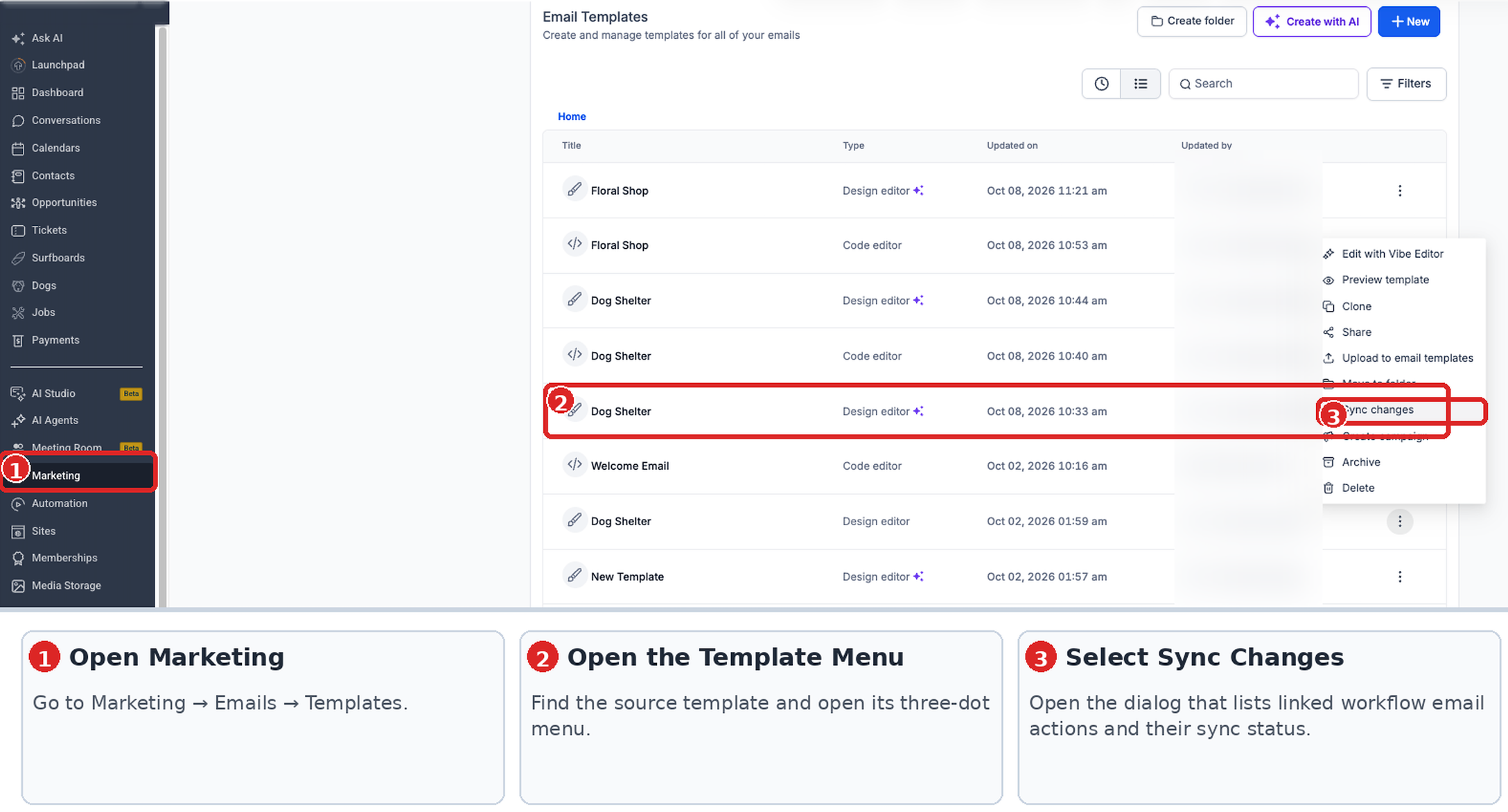 Sync Changes dialog showing linked workflow email actions and the Sync Once option