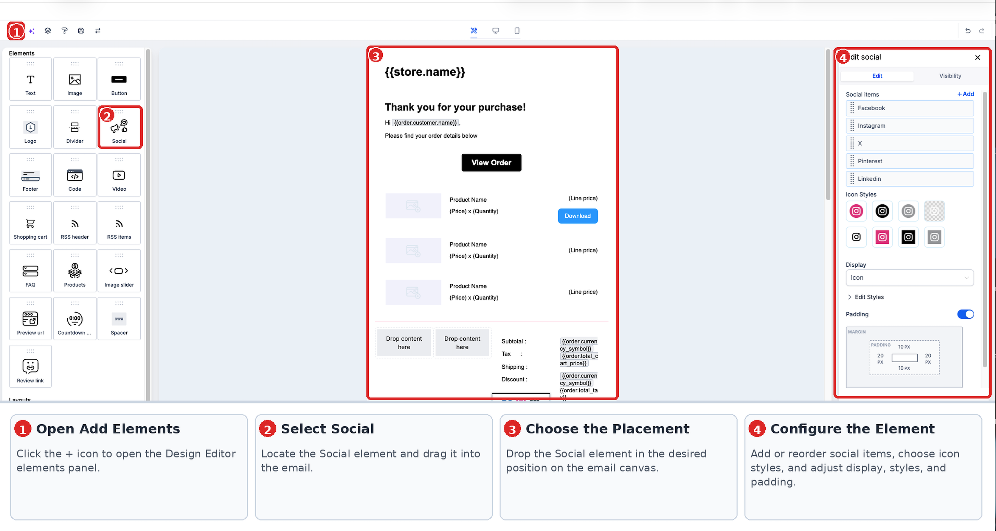 Email Builder showing Add Elements, the Social Element, email canvas placement, and Social Element settings