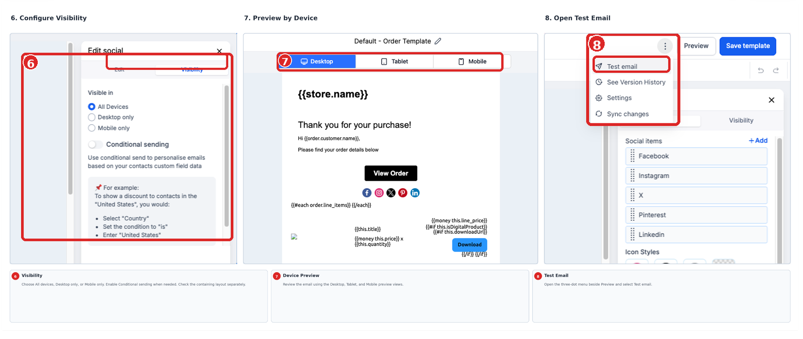 Email Builder showing Social Element visibility settings, device preview options, and the Test Email menu