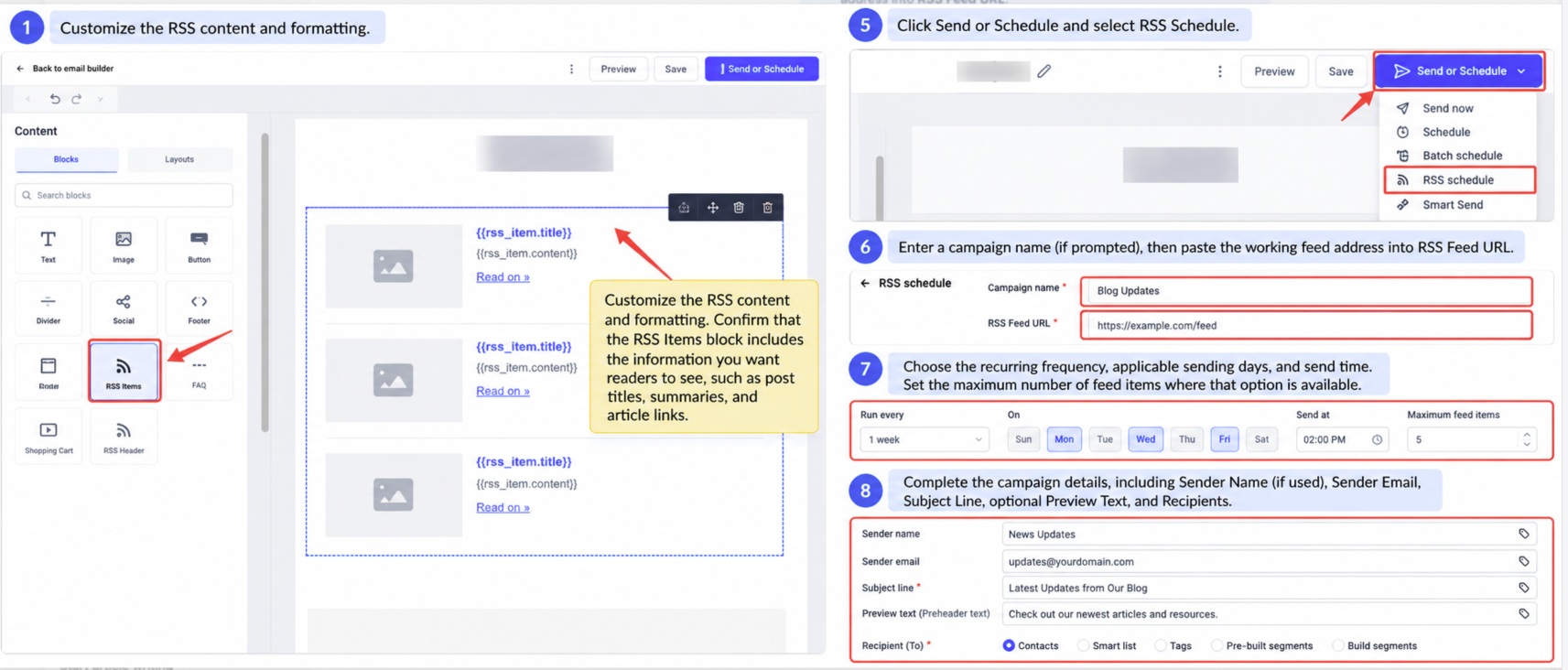 RSS email campaign setup showing content customization, RSS Schedule, feed URL, recurring frequency, and sender details