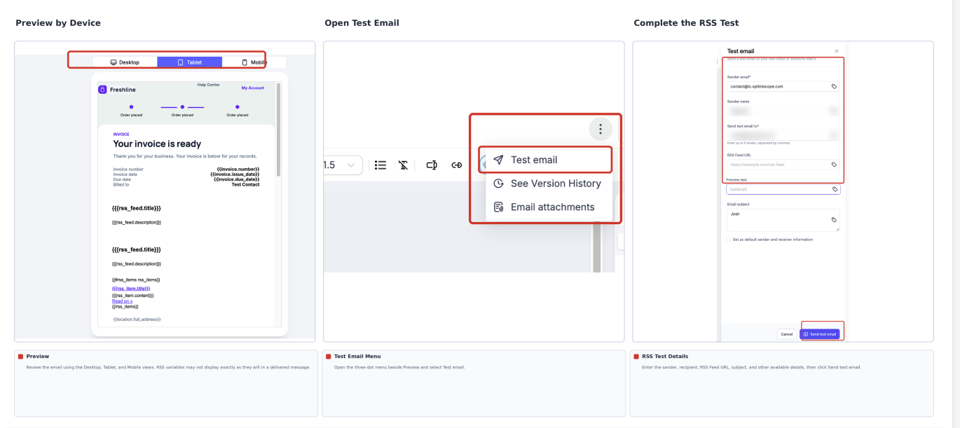 Email Builder showing device previews, the Test Email menu, and RSS test email settings