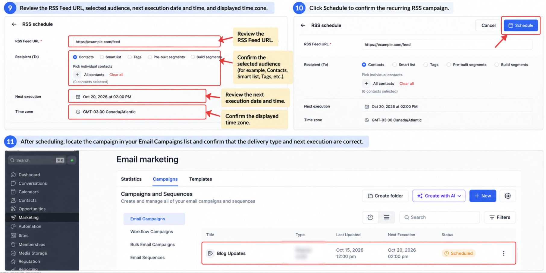 RSS scheduling interface showing feed URL, audience selection, next execution time, Schedule button, and campaign list