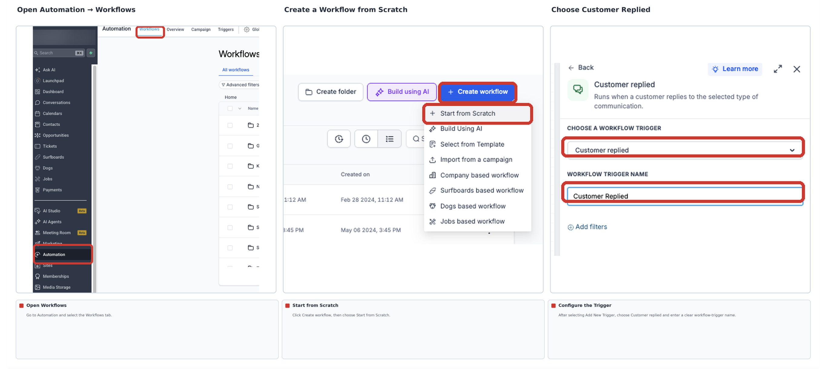 Workflow setup showing Automation and Workflows navigation, Start from Scratch, and the Customer Replied trigger