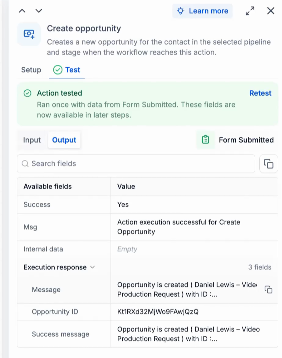 Action tested, with the output of Create Opportunity