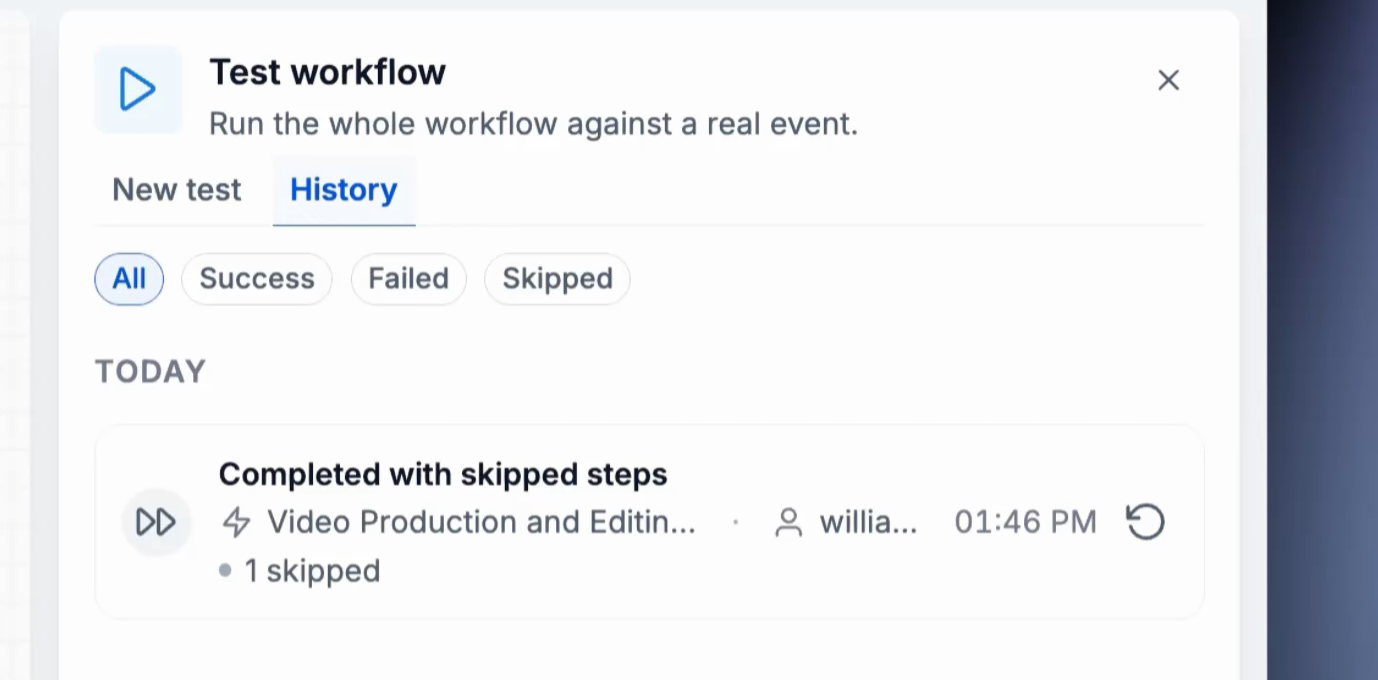 The History tab with a past test run