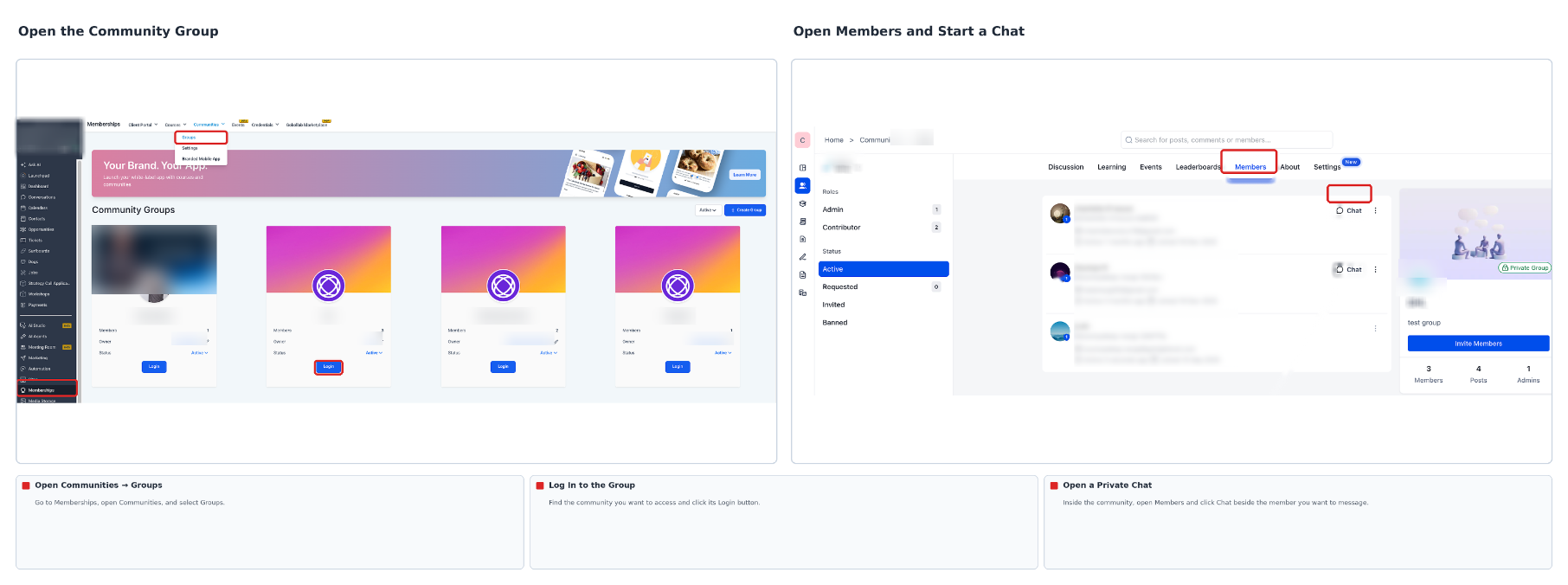 Community Groups page and Members list showing how to open a group and start a private chat