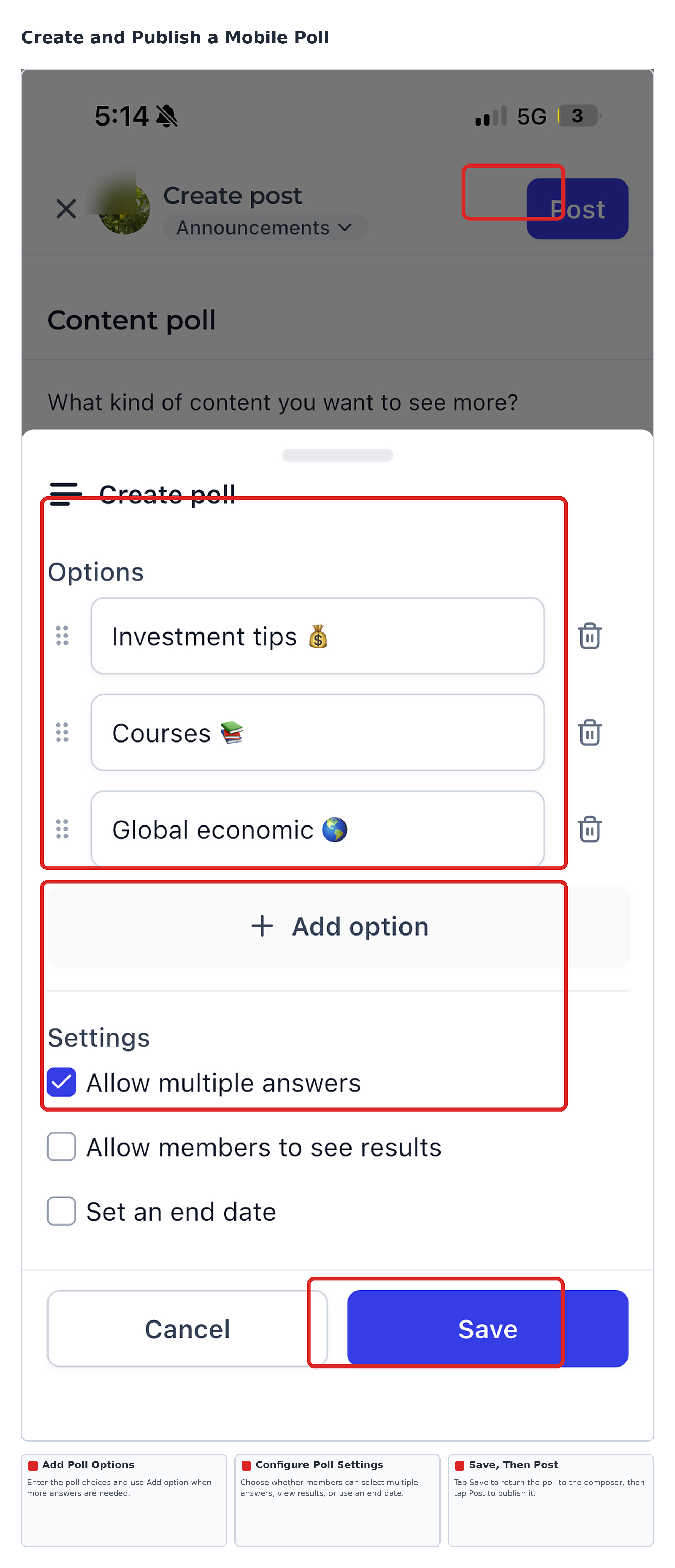 Mobile Community poll editor showing answer choices, Add option, multiple-answer voting, result visibility, end-date settings, and Save