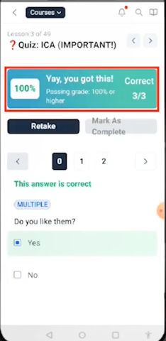 Mobile course quiz results showing the achieved score, correct-answer feedback, question navigation, and available assessment controls