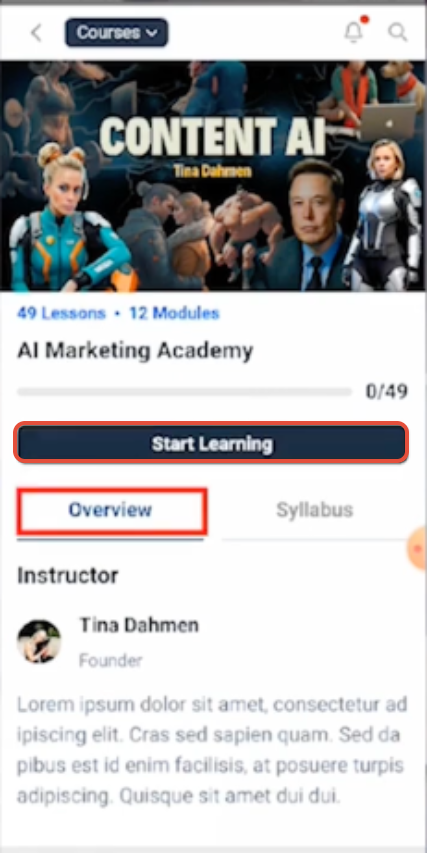 Mobile course overview showing the course title, lesson and module counts, progress, Start Learning button, and Syllabus tab