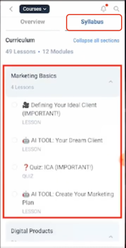 Course Syllabus tab showing expandable modules and the lessons and quizzes within a selected section