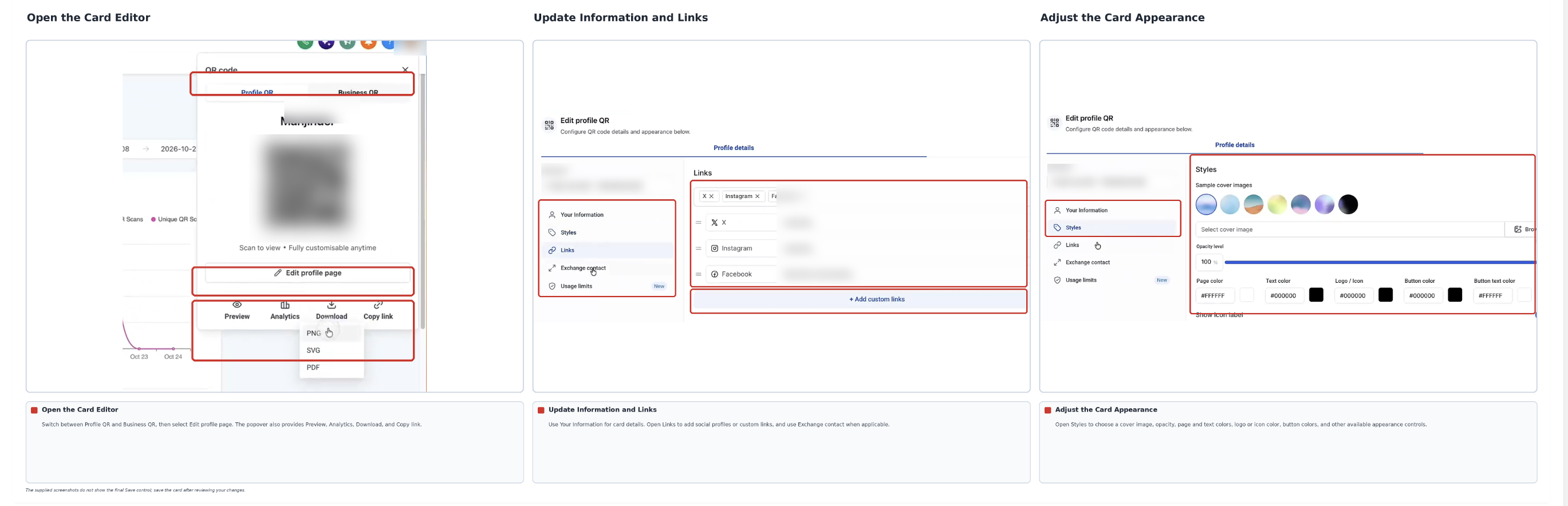 Profile and Business Card editor showing customization options