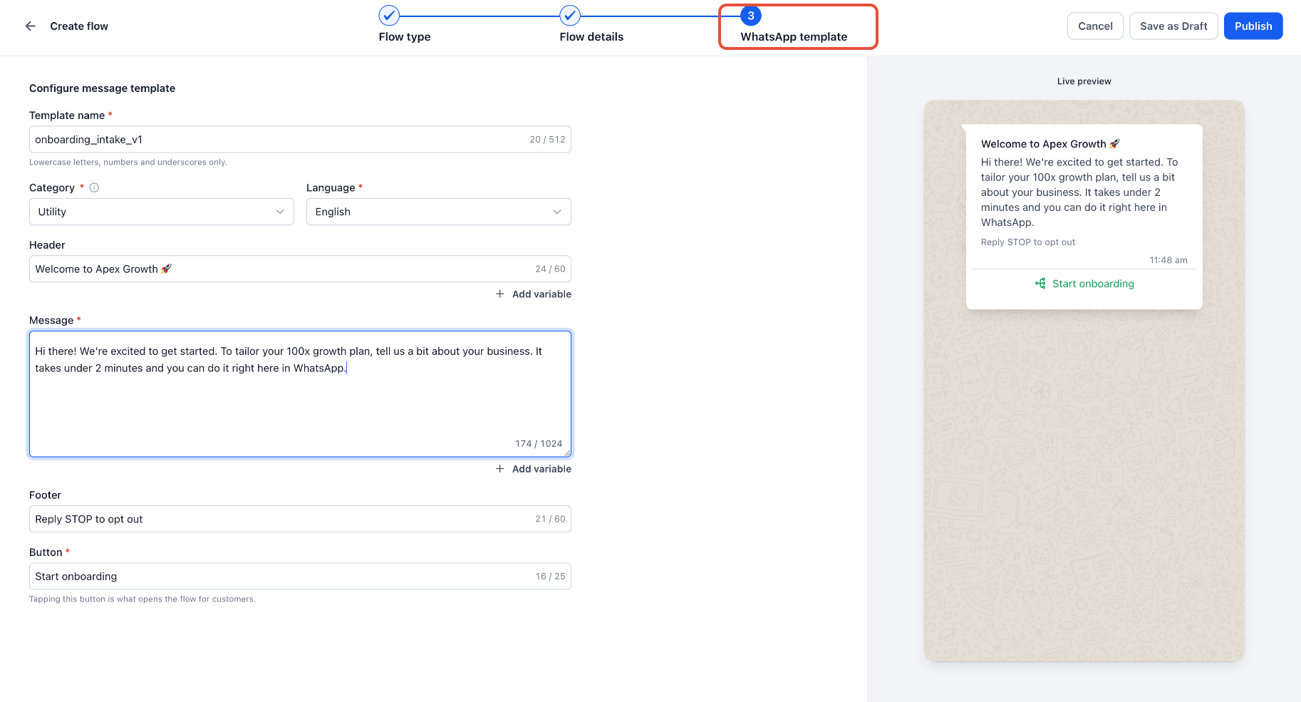 WhatsApp template configuration with Flow button