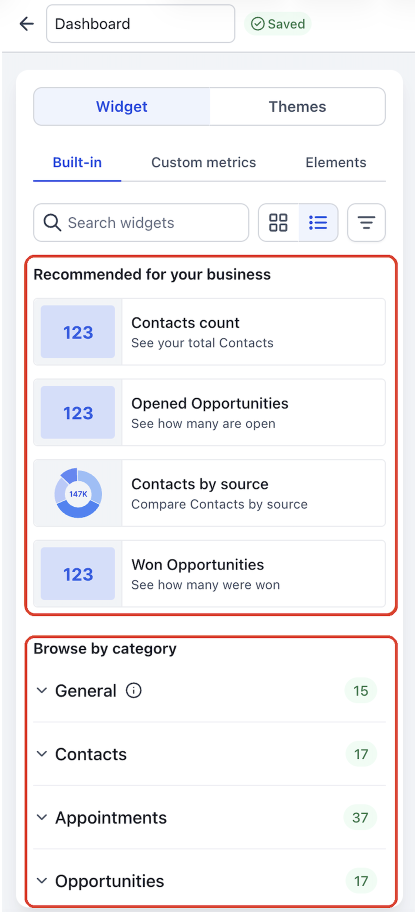 Widget Gallery showing Recommended for your business and expandable reporting categories