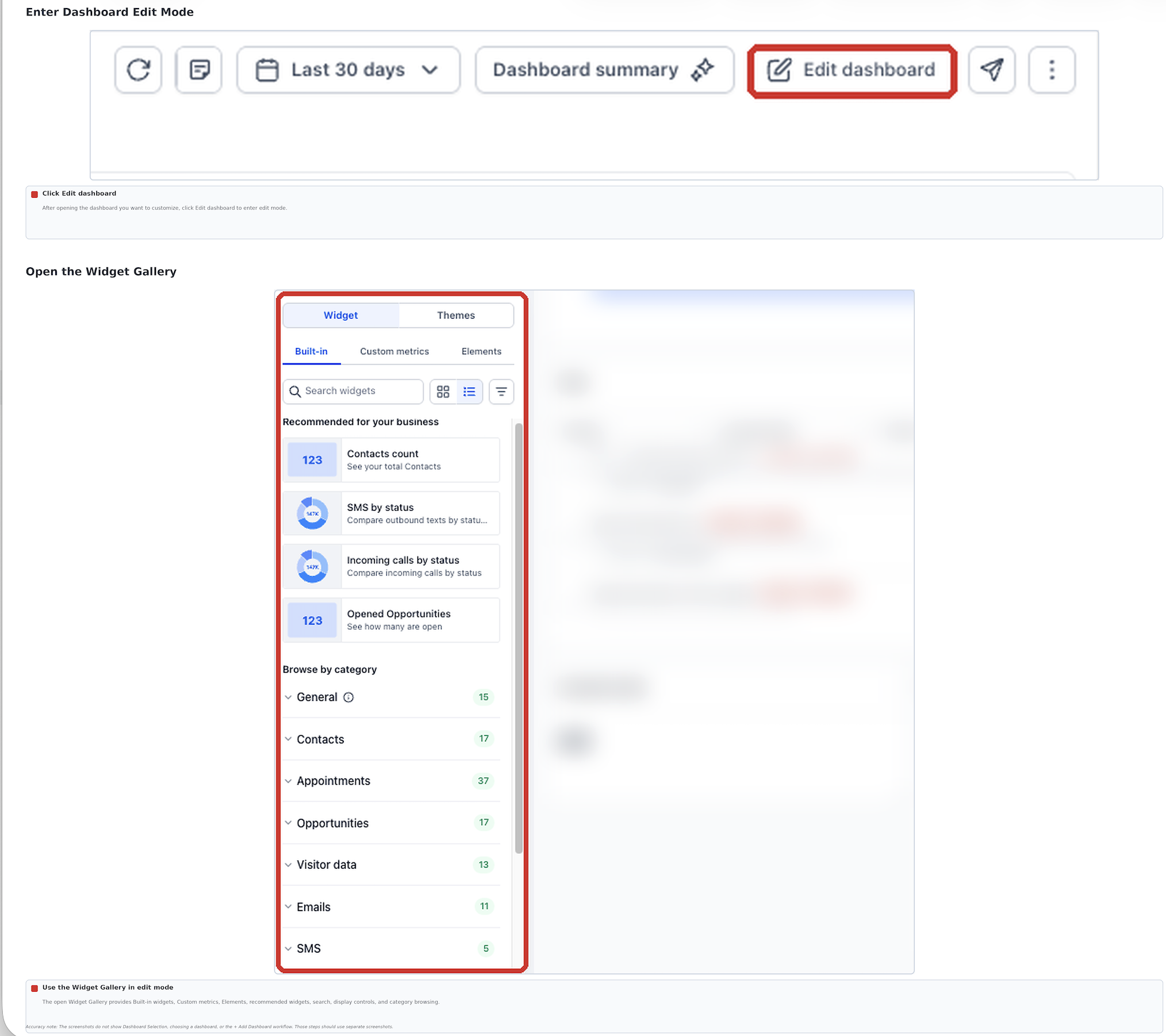 Dashboard Edit Dashboard button and Widget Gallery displaying built-in reporting widgets