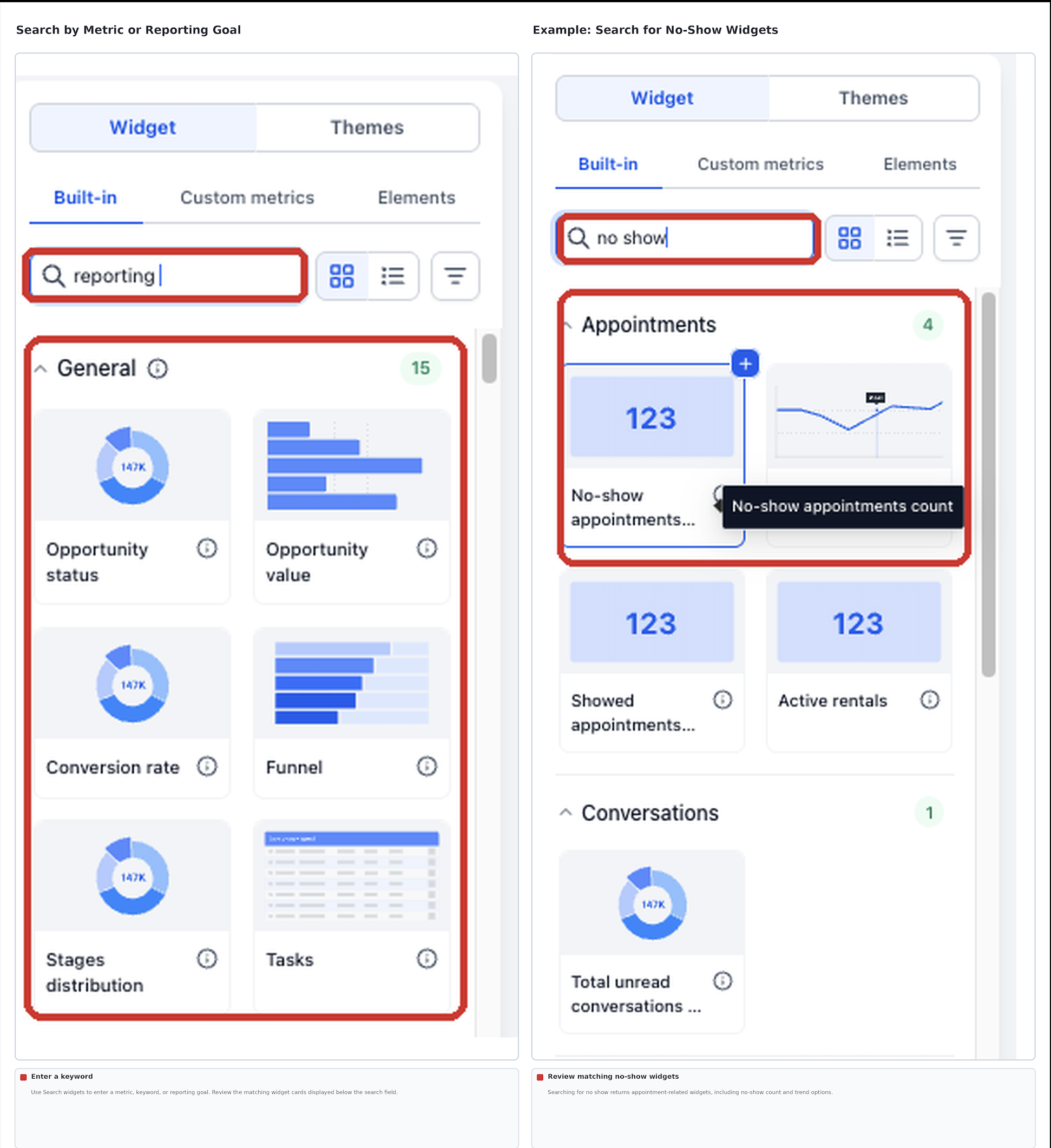 Widget Gallery search examples showing reporting keywords and no-show appointment widget results