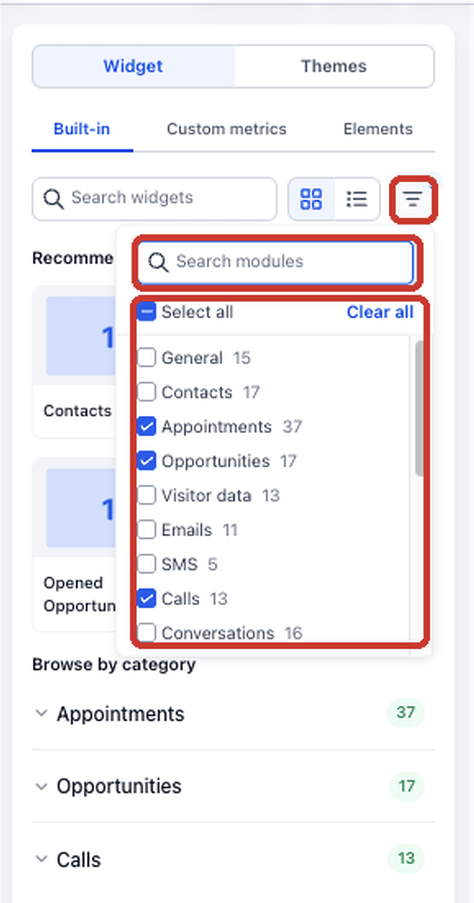 Widget Gallery module filter showing Search modules, Select all, Clear all, and reporting category checkboxes