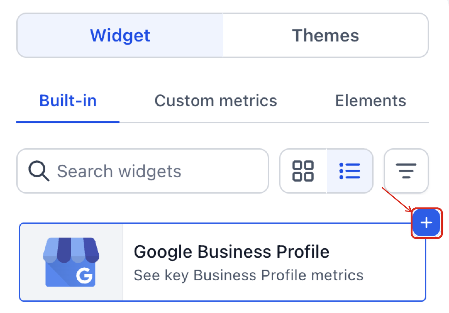 Widget Gallery highlighting the plus button used to add a reporting widget to the dashboard