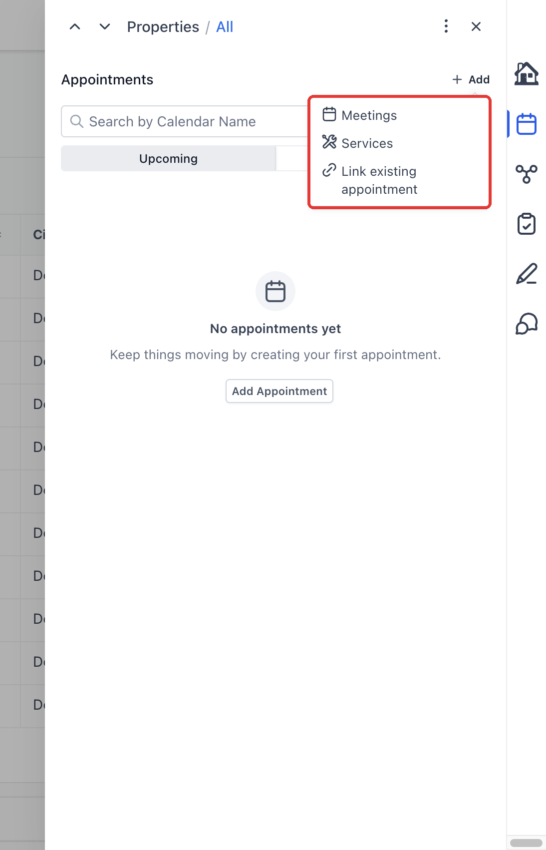 Step 7: In Appointments, click Add, then choose Meetings, Services, or Link existing appointment.