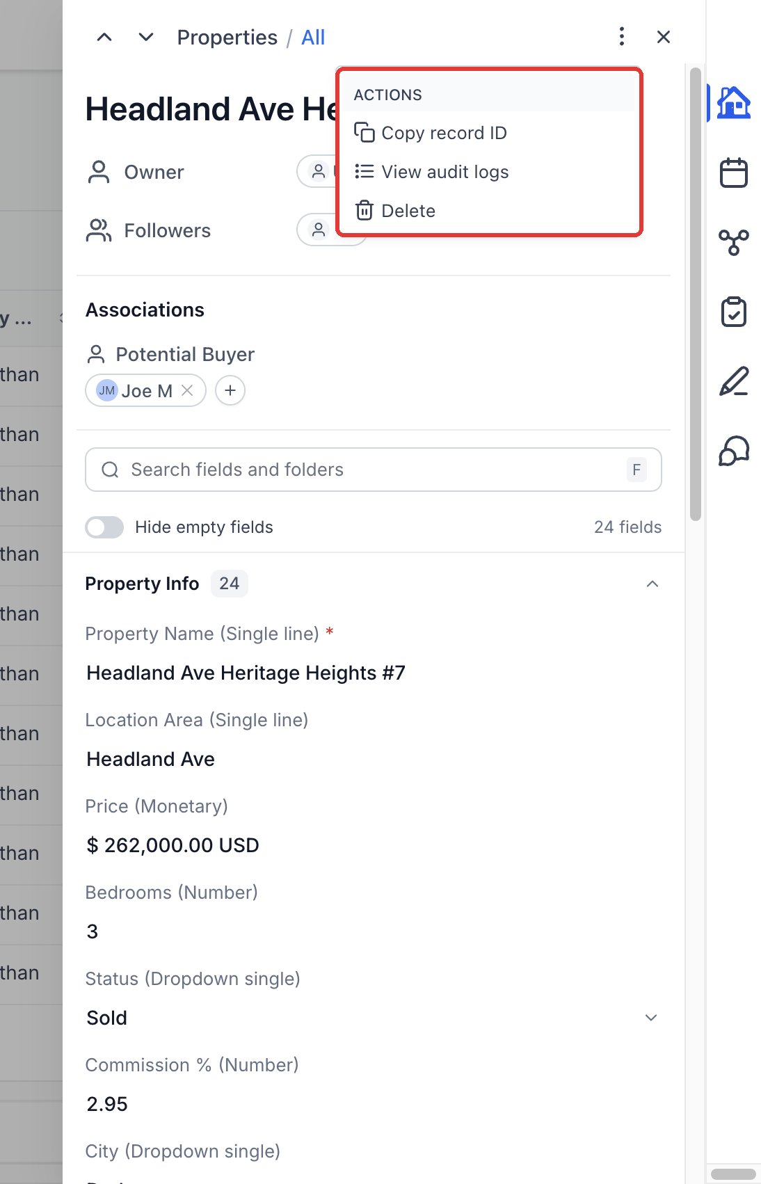 Step 4: Open the three-dot menu to copy the record ID, view audit logs, or delete the record.