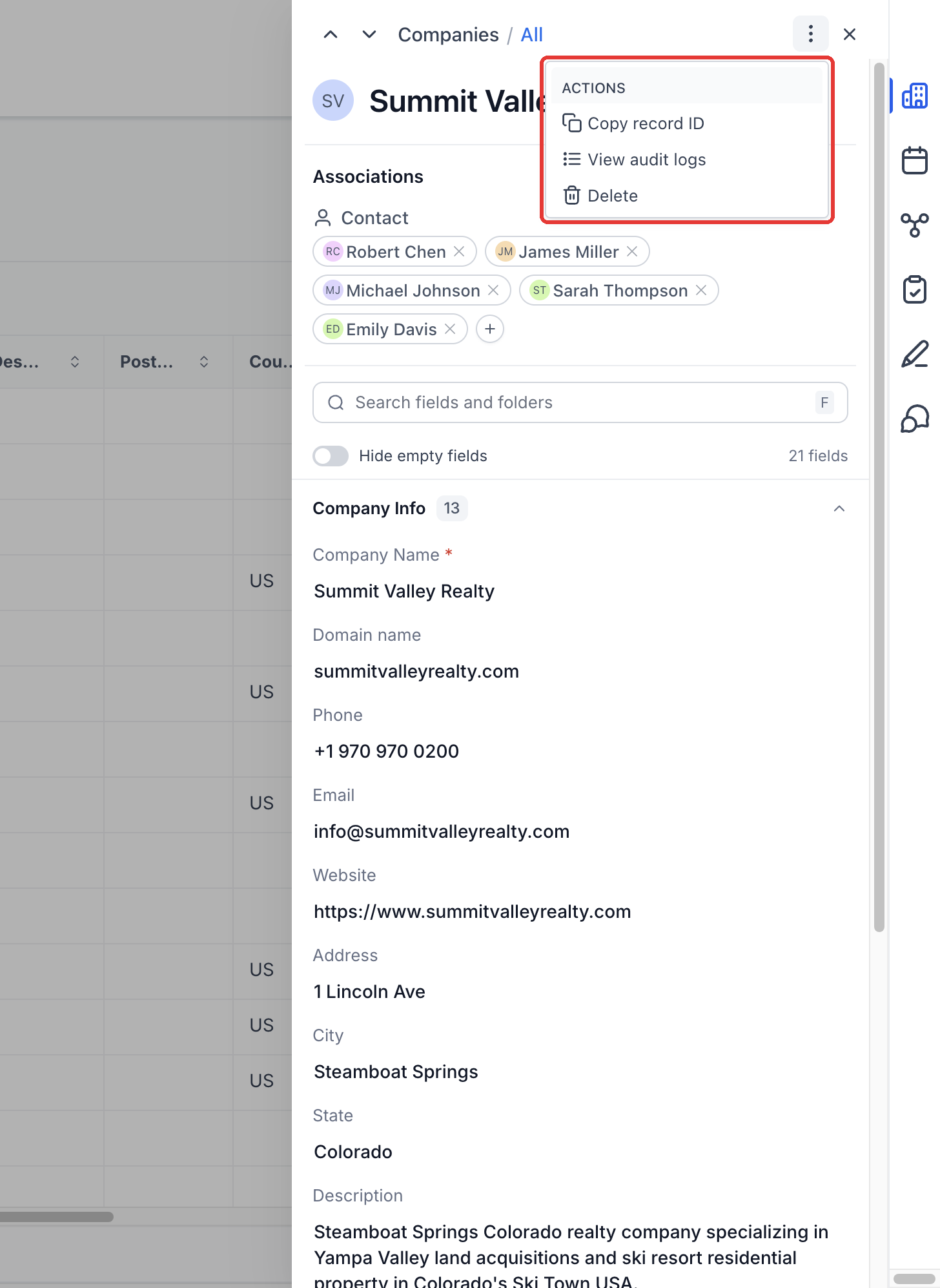 Step 4: Open the three-dot menu to copy the record ID, view audit logs, or delete the record.