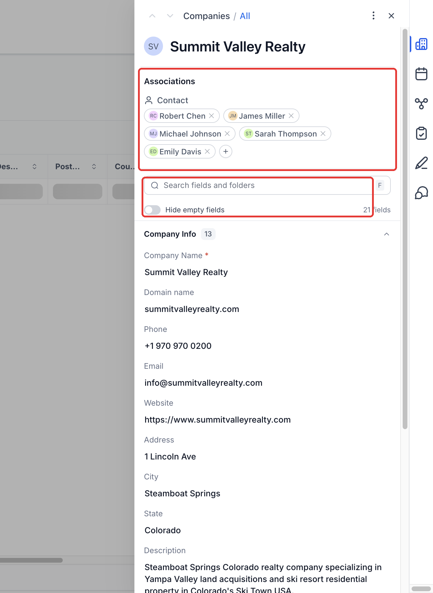 Step 2: Review associations and fields in Details. Use field search and Hide empty fields to narrow the view.