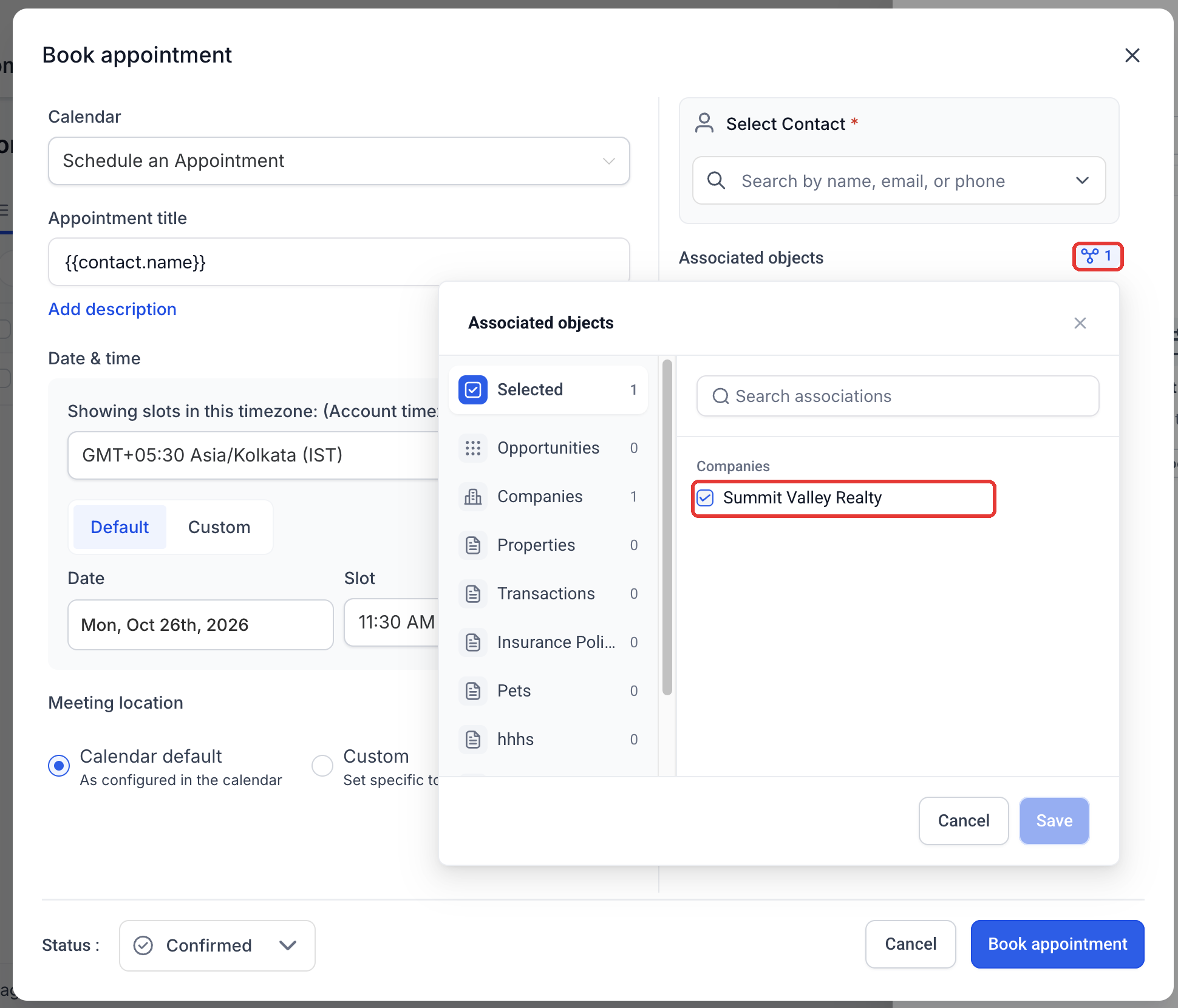 Step 8: When booking a meeting, open Associated objects to confirm the current Company is preselected.