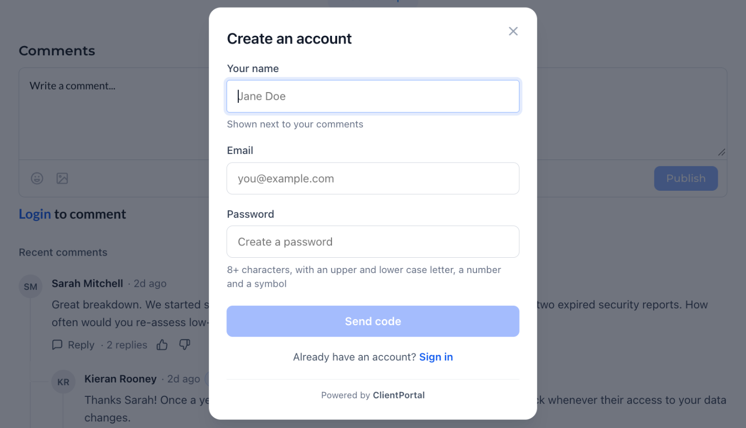 Create an account window