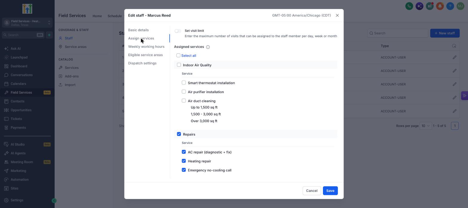 Assign services and visit limit for a staff member
