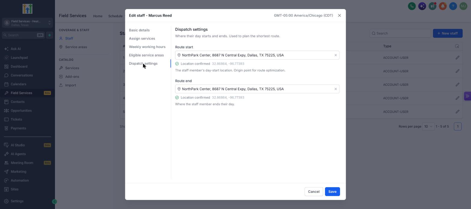 Dispatch settings with route start and route end