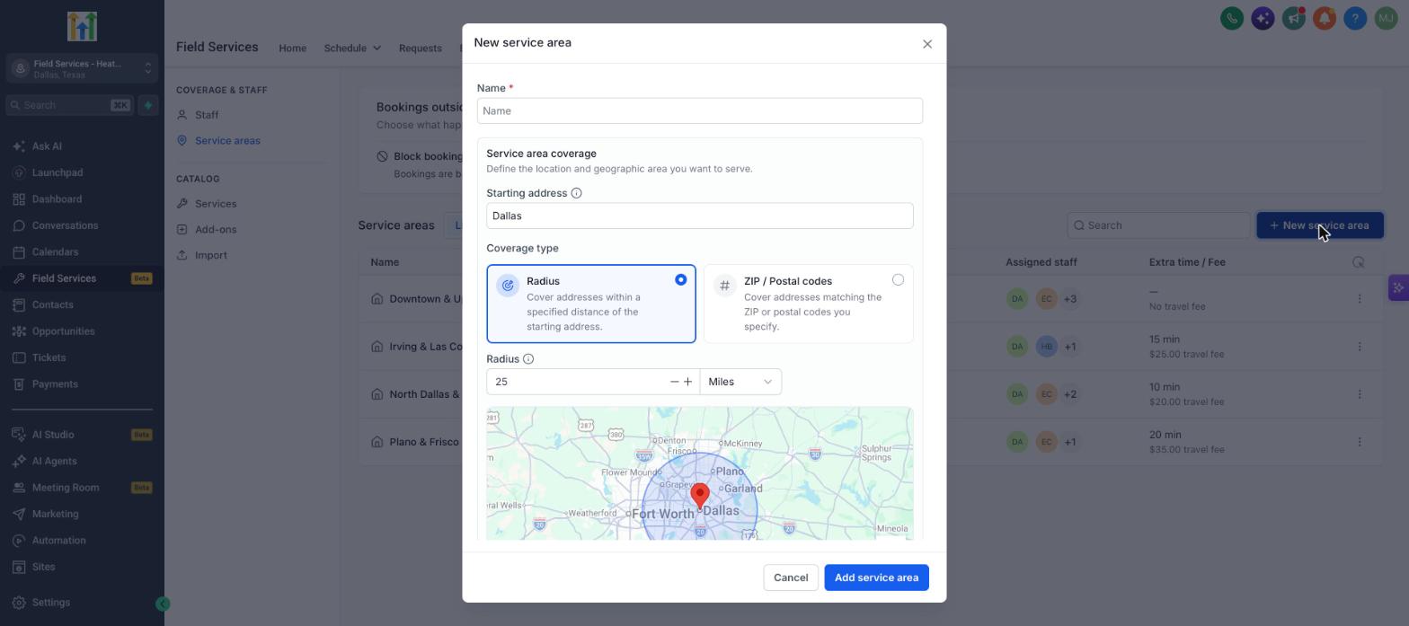 New service area form with coverage map