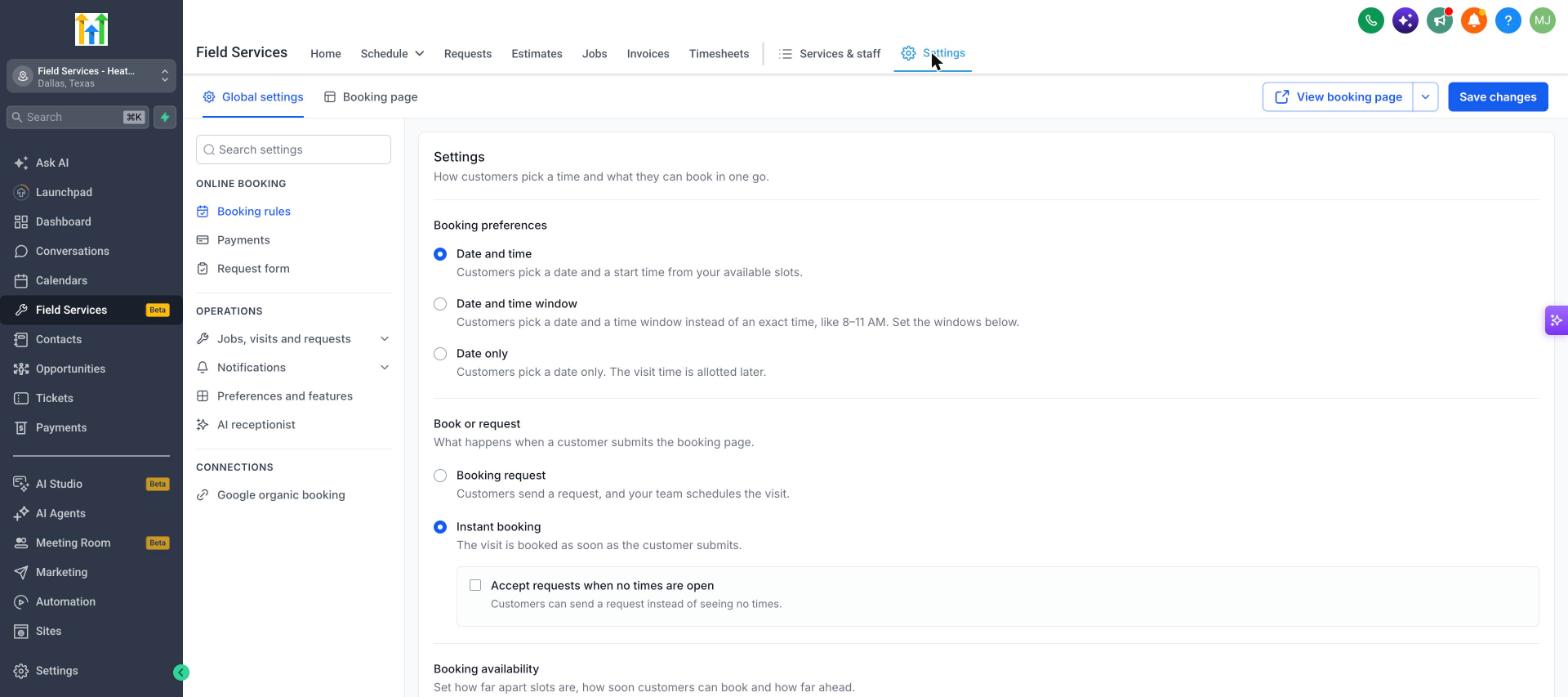 Booking rules settings