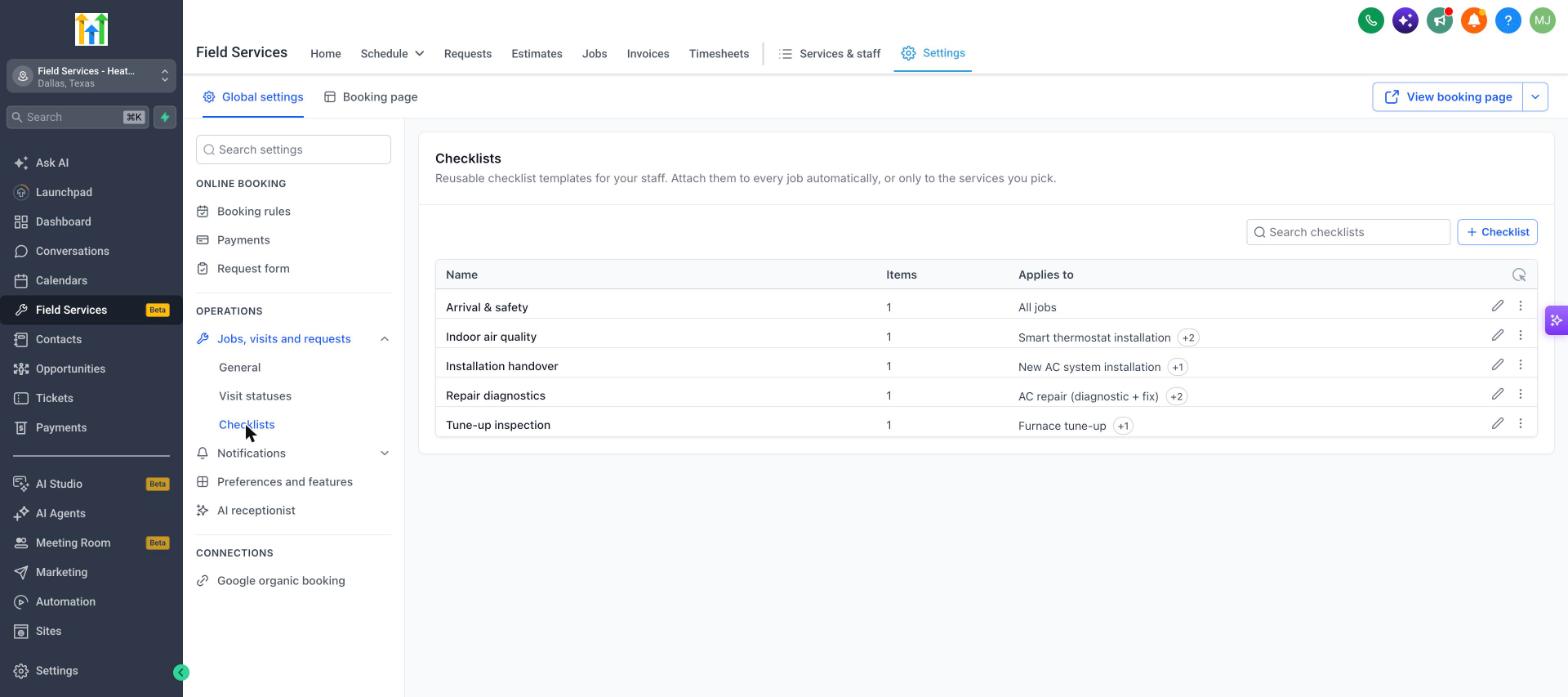 Checklist templates in settings