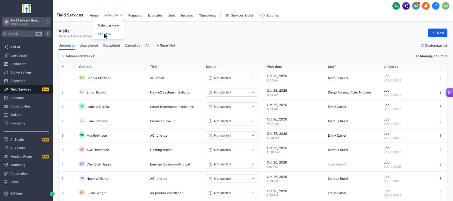 Visit panel with details, notes and checklist