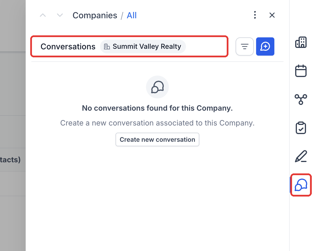Step 1: Open a Company and select Conversations on the right. Messages linked to the Company appear in this feed.