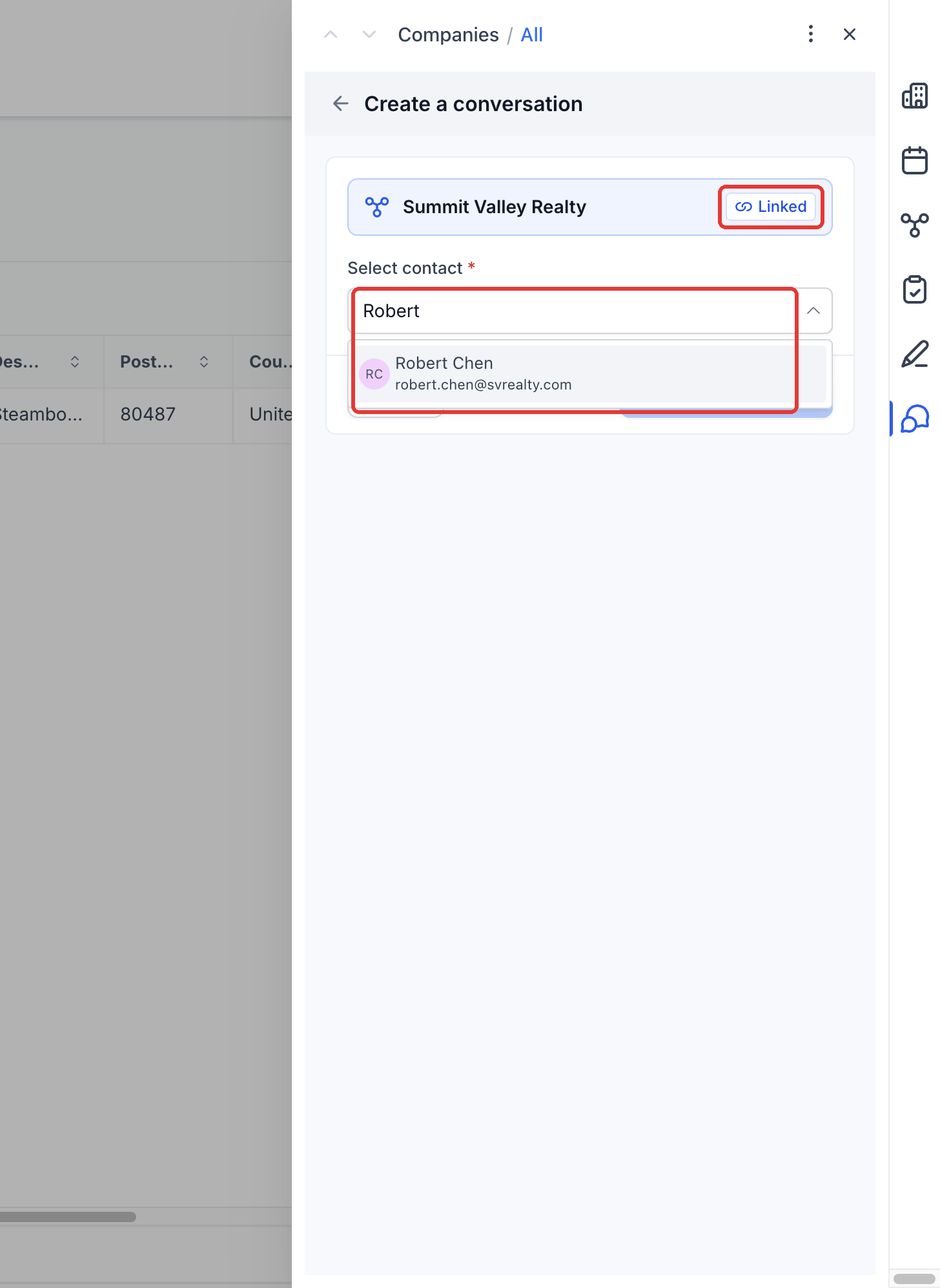 Step 3: Click Create a conversation. The current record is already Linked. Choose the Contact and continue.