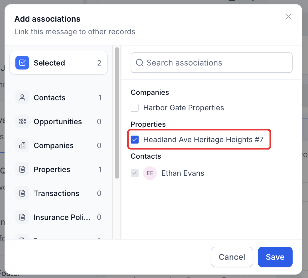 Step 5: Review or change the records before sending. Here the message is linked to a Property.