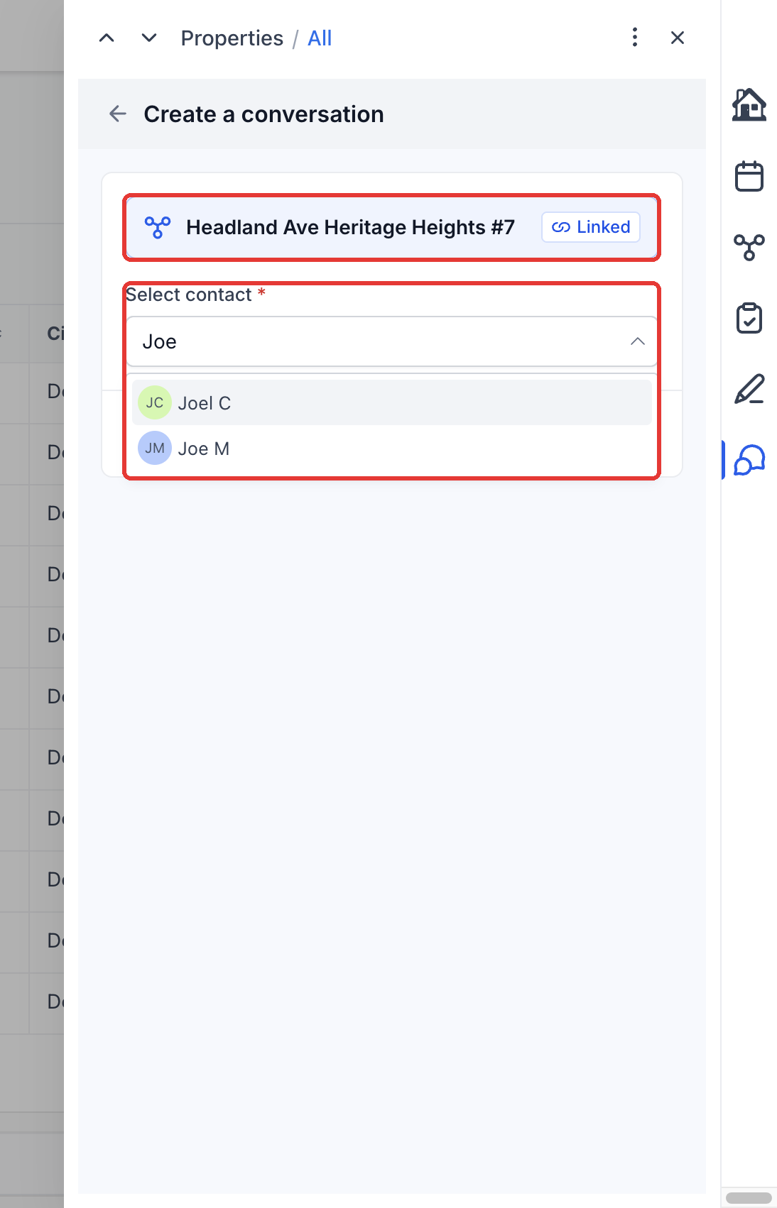 Step 3: Click Create a conversation. The current record is already Linked. Choose the Contact and continue.
