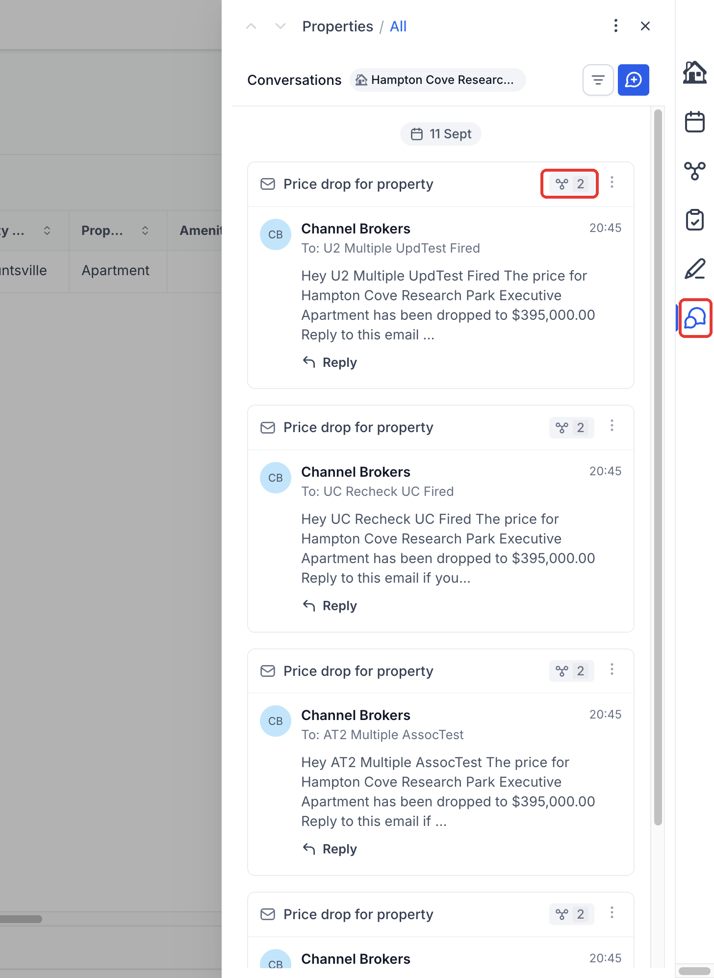 Step 1: Open a record and select Conversations on the right. The badge on each message shows how many records it is linked to.