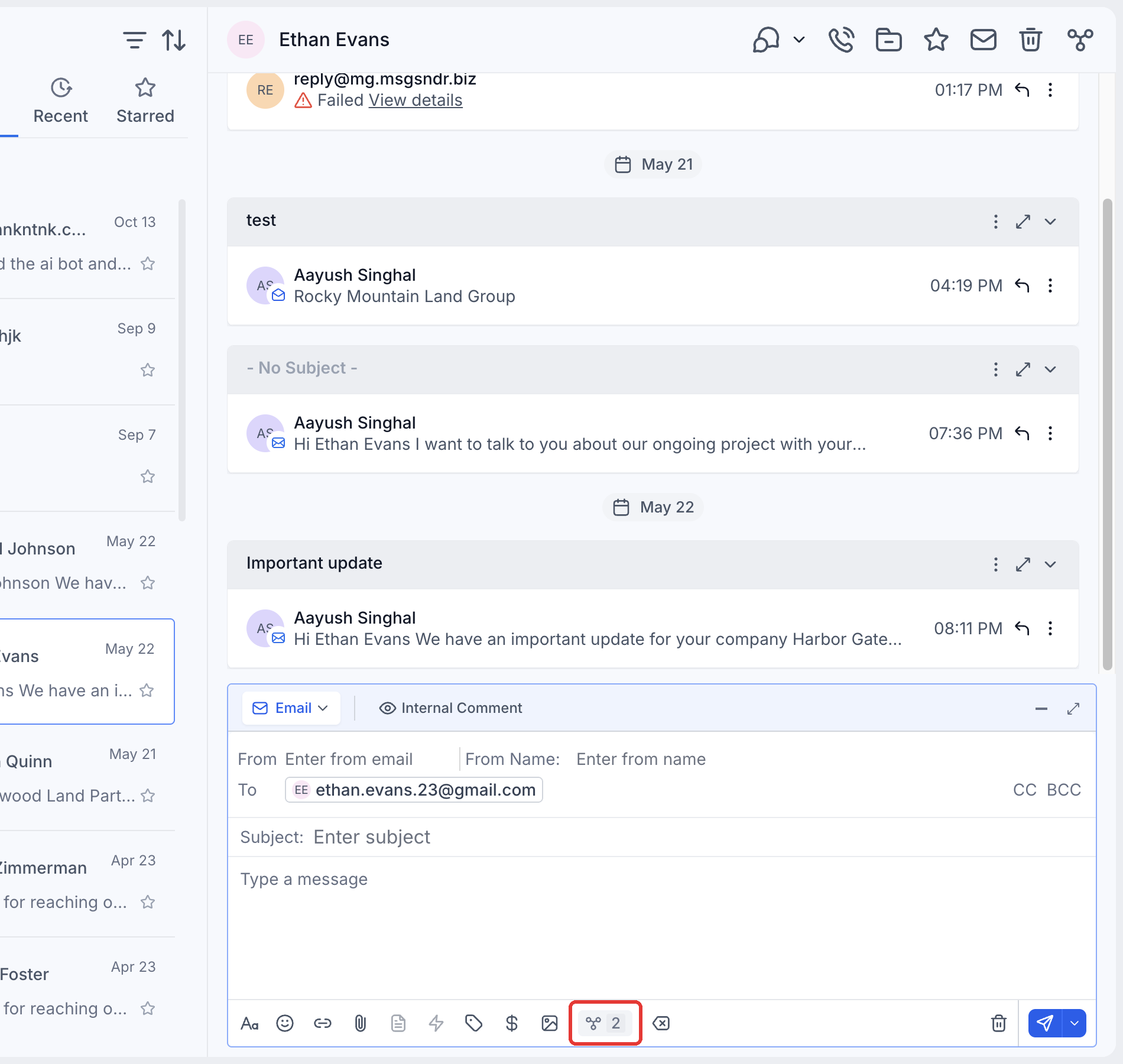Step 4: In Conversations, the associations button in the composer shows how many records the message will be linked to.